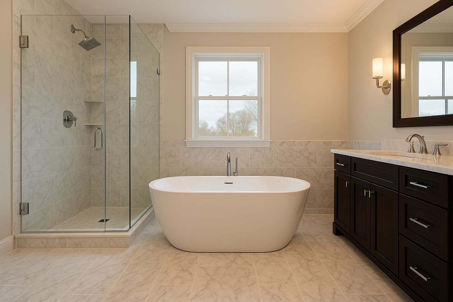Luxury bathroom renovation with freestanding tub and marble tile in a Brooklyn, NY home.